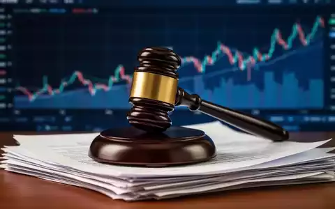 Ein stilisierter Holzhammer liegt auf einem Stapel juristischer Dokumente, im Hintergrund verschwommene Finanzdaten. - Foto: über boerse-global.de