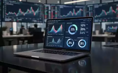 Ein glänzendes, modernes Laptop (MacBook Pro Stil) auf einem dunklen Schreibtisch, mit abstrakten Daten auf dem Bildschirm, die Einsparungen andeuten. - Foto: über boerse-global.de