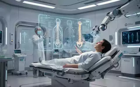 Eine Person betrachtet eine holografische Darstellung einer Wirbelsäule in einer modernen medizinischen Einrichtung, umgeben von Technologie. - Foto: über boerse-global.de