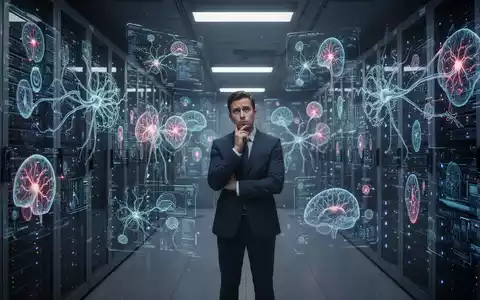 Ein nachdenklicher Geschäftsmann betrachtet skeptisch holografische KI-Projektionen in einem futuristischen Serverraum. - Foto: über boerse-global.de