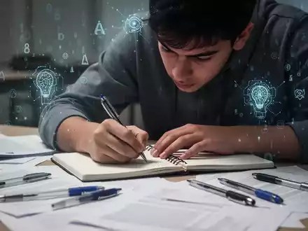 Eine Person schreibt intensiv in ein Notizbuch, umgeben von Lernmaterialien, mit einem subtilen Hinweis auf digitale Technologien im Hintergrund. - Foto: über boerse-global.de