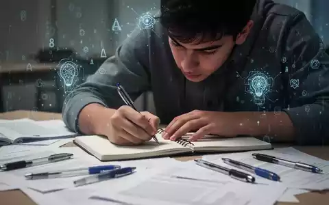 Eine Person schreibt intensiv in ein Notizbuch, umgeben von Lernmaterialien, mit einem subtilen Hinweis auf digitale Technologien im Hintergrund. - Foto: über boerse-global.de