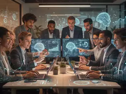 Professionals arbeiten in einem modernen Büro, umgeben von Technologie und Datenvisualisierungen, symbolisierend berufliche Entwicklung und KI. - Foto: über boerse-global.de