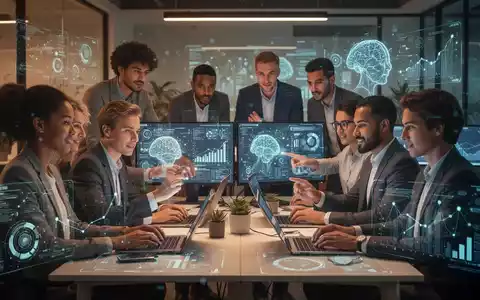 Professionals arbeiten in einem modernen Büro, umgeben von Technologie und Datenvisualisierungen, symbolisierend berufliche Entwicklung und KI. - Foto: über boerse-global.de