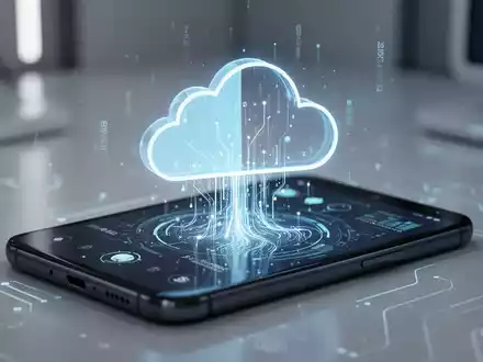 Digitale Darstellung von Daten, die in ein Cloud-Speicher-Symbol auf einem Smartphone-Bildschirm fließen, symbolisiert Android-Backup-Daten, die auf den Google-Speicher angerechnet werden. - Foto: über boerse-global.de