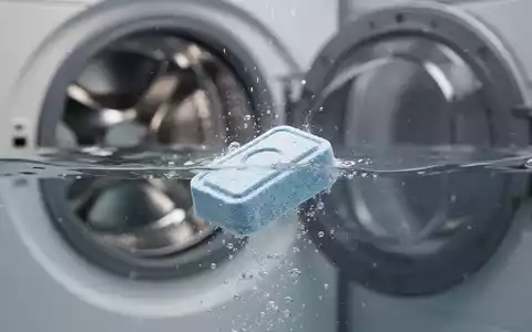 Eine Spülmaschinentablette löst sich in Wasser auf, im unscharfen Hintergrund ist die Trommel einer Waschmaschine zu sehen. - Foto: über boerse-global.de