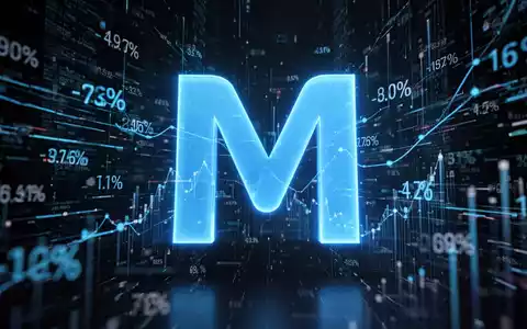 Leuchtend blaues Microsoft-'M'-Logo mit digitalen Datenströmen und Finanzprozenten auf dunklem Hintergrund. - Foto: über boerse-global.de