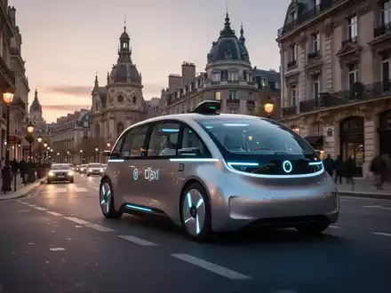 Ein autonomes Fahrzeug (Robotaxi) fährt in der Dämmerung durch eine europäische Stadtstraße mit historischer Architektur im Hintergrund. - Foto: über boerse-global.de