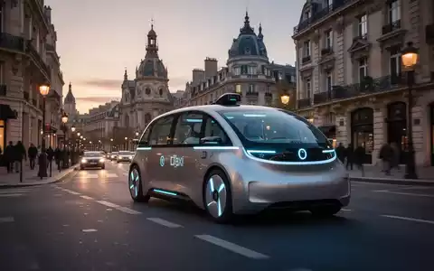 Ein autonomes Fahrzeug (Robotaxi) fährt in der Dämmerung durch eine europäische Stadtstraße mit historischer Architektur im Hintergrund. - Foto: über boerse-global.de