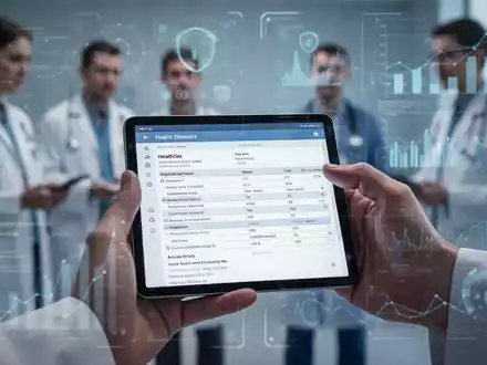 Eine Hand hält ein Tablet mit einer digitalen Patientenakte, im Hintergrund verschwommene medizinische Fachkräfte und Datenvisualisierungen. - Foto: über boerse-global.de