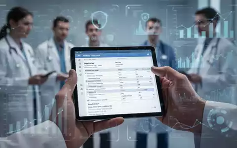 Eine Hand hält ein Tablet mit einer digitalen Patientenakte, im Hintergrund verschwommene medizinische Fachkräfte und Datenvisualisierungen. - Foto: über boerse-global.de