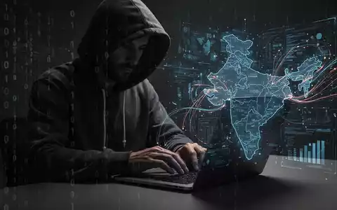 Verschwommene Gestalt im Hoodie tippt auf Laptop, digitale Overlays deuten auf Cyberkriminalität gegen Indien hin. - Foto: über boerse-global.de
