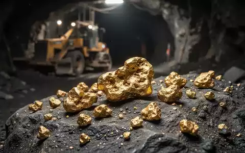 Nahaufnahme von glänzenden Goldnuggets auf dunklem Gestein, mit verschwommener Bergbauausrüstung im Hintergrund. - Foto: über boerse-global.de