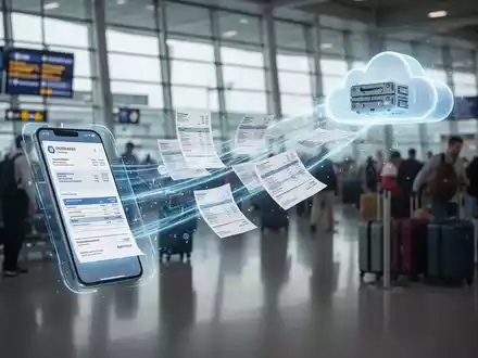 Eine digitale Darstellung von Steuerdokumenten, die zwischen einem Smartphone und einem Cloud-Server fließen, mit einem Flughafen im Hintergrund. - Foto: über boerse-global.de