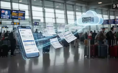 Eine digitale Darstellung von Steuerdokumenten, die zwischen einem Smartphone und einem Cloud-Server fließen, mit einem Flughafen im Hintergrund. - Foto: über boerse-global.de