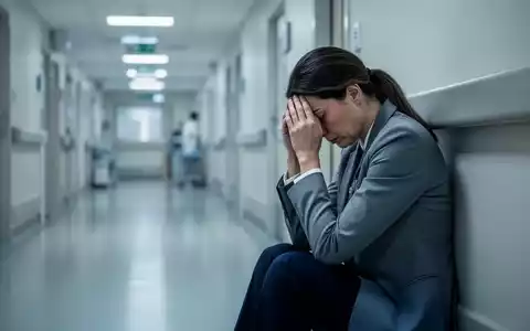 Eine erschöpfte weibliche FĂŒhrungskraft im Gesundheitswesen sitzt mit dem Kopf in den HĂ€nden in einem Krankenhausflur. - Foto: ĂŒber boerse-global.de