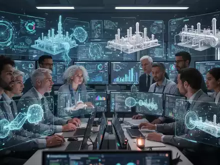 Ingenieure arbeiten in einem Hightech-Kontrollraum mit holografischen Displays, die KI-Daten und 3D-Industriemodelle zeigen. - Foto: über boerse-global.de
