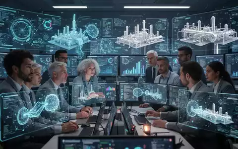 Ingenieure arbeiten in einem Hightech-Kontrollraum mit holografischen Displays, die KI-Daten und 3D-Industriemodelle zeigen. - Foto: über boerse-global.de