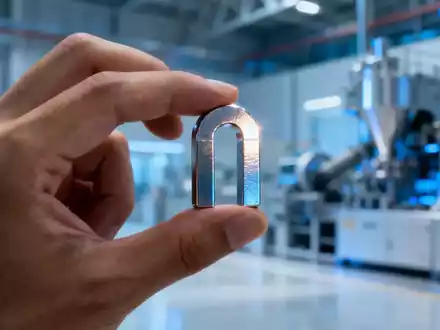 Eine Hand hält einen seltenen Erdenmagneten, im Hintergrund eine verschwommene Industrieanlage zur Verarbeitung seltener Erden. - Foto: über boerse-global.de