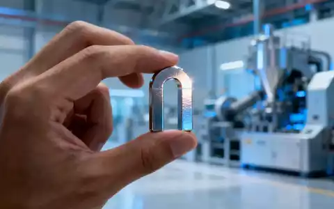 Eine Hand hält einen seltenen Erdenmagneten, im Hintergrund eine verschwommene Industrieanlage zur Verarbeitung seltener Erden. - Foto: über boerse-global.de