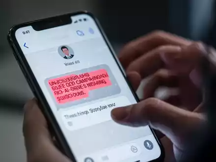 Ein Smartphone-Bildschirm zeigt eine betrügerische SMS, während eine verschwommene Hand im Hintergrund auf dem Telefon tippt. - Foto: über boerse-global.de