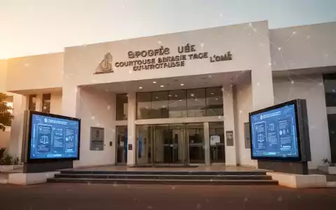 Moderner Gerichtseingang in Lomé, Togo, mit digitalen Bildschirmen und dezentem Netzlinien-Overlay. - Foto: über boerse-global.de