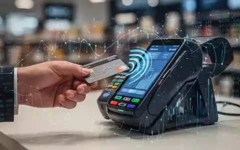 Eine Hand hält eine Kreditkarte oder ein Smartphone für eine kontaktlose Zahlung an einem modernen POS-Terminal mit digitalen Overlays. - Foto: über boerse-global.de