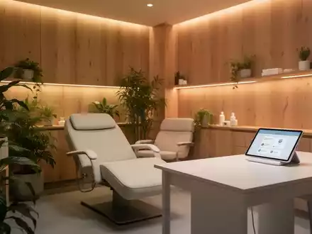 Eine ruhige, modern eingerichtete Naturheilpraxis mit Holzelementen, Pflanzen und einem Tablet auf einem Schreibtisch. - Foto: über boerse-global.de