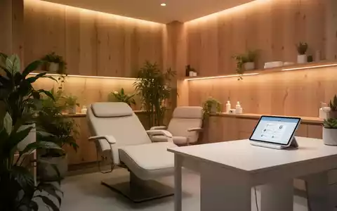 Eine ruhige, modern eingerichtete Naturheilpraxis mit Holzelementen, Pflanzen und einem Tablet auf einem Schreibtisch. - Foto: über boerse-global.de