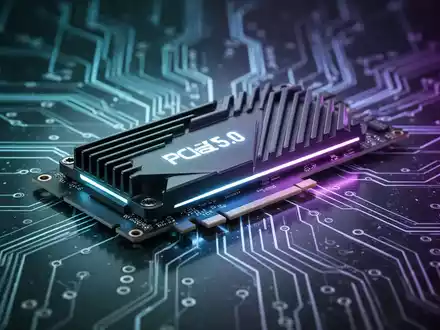 Nahaufnahme einer hochmodernen PCIe-5.0-SSD mit integriertem Kühlkörper, umgeben von verschwommenen Schaltkreismustern. - Foto: über boerse-global.de