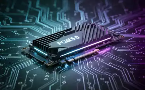 Nahaufnahme einer hochmodernen PCIe-5.0-SSD mit integriertem Kühlkörper, umgeben von verschwommenen Schaltkreismustern. - Foto: über boerse-global.de