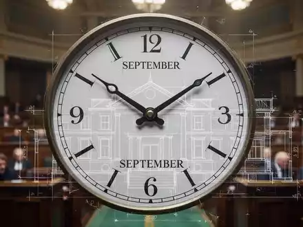 Eine stilisierte Uhr zeigt September an, überlagert von Bauplänen und einem unscharfen parlamentarischen Hintergrund. - Foto: über boerse-global.de