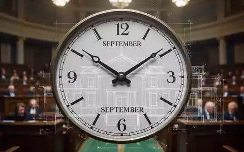 Eine stilisierte Uhr zeigt September an, überlagert von Bauplänen und einem unscharfen parlamentarischen Hintergrund. - Foto: über boerse-global.de