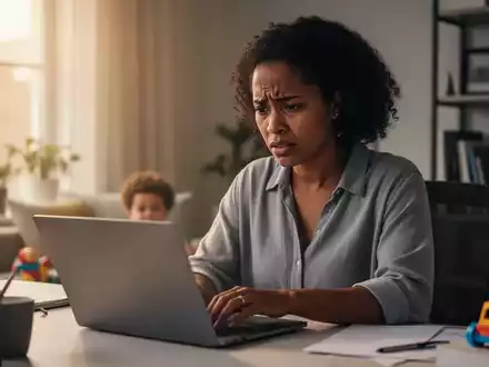 Ein Elternteil arbeitet im Homeoffice am Laptop, im Hintergrund ein Kinderspielzeug. Symbolisiert die Herausforderungen der Vereinbarkeit von Beruf und Familie. - Foto: über boerse-global.de