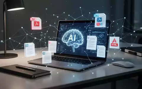 Moderner Schreibtisch mit Laptop, KI-Oberfläche, Dokumentsymbolen und dezentem, leuchtendem neuronalem Netzwerk-Overlay. - Foto: über boerse-global.de