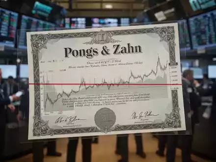 Ein Pongs & Zahn Aktienzertifikat und ein Finanzchart mit einer Seitwärtsbewegung vor einem geschäftigen Börsenhintergrund. - Foto: über boerse-global.de