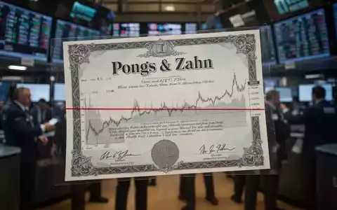 Ein Pongs & Zahn Aktienzertifikat und ein Finanzchart mit einer Seitwärtsbewegung vor einem geschäftigen Börsenhintergrund. - Foto: über boerse-global.de