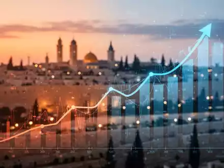 Eine stilisierte Grafik einer steigenden Zinskurve vor der Skyline von Jerusalem bei Sonnenuntergang, die wirtschaftliche Veränderungen darstellt. - Foto: über boerse-global.de