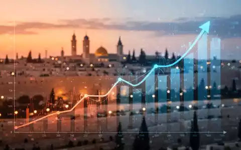 Eine stilisierte Grafik einer steigenden Zinskurve vor der Skyline von Jerusalem bei Sonnenuntergang, die wirtschaftliche Veränderungen darstellt. - Foto: über boerse-global.de