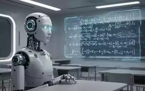 Ein humanoider Roboter sitzt in einem futuristischen Klassenzimmer, den Kopf leicht geneigt, während er sich auf eine holografische Code-Anzeige konzentriert. - Foto: über boerse-global.de