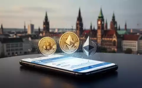 Digitale Währungssymbole verschmelzen mit einer Banking-App auf einem Smartphone, vor verschwommener Skyline des deutschen Finanzviertels. - Foto: über boerse-global.de