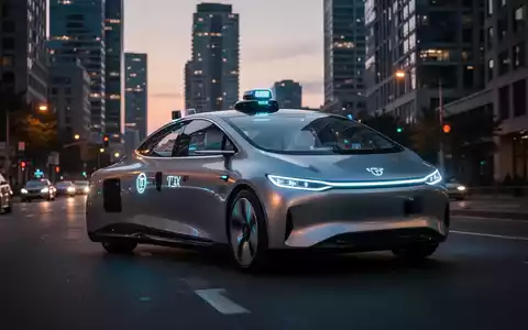 Ein schlankes, futuristisches fahrerloses Taxi mit leuchtenden Sensoren fährt bei Dämmerung durch eine moderne Stadtstraße und symbolisiert autonomen Transport. - Foto: über boerse-global.de