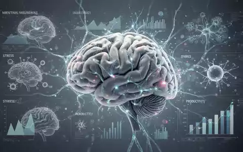 Eine stilisierte Darstellung des menschlichen Gehirns mit überlagerten Datenvisualisierungen und neuronalen Pfaden, umgeben von abstrakten Elementen, die mentale Gesundheit, Stress und Produktivität symbolisieren. - Foto: über boerse-global.de