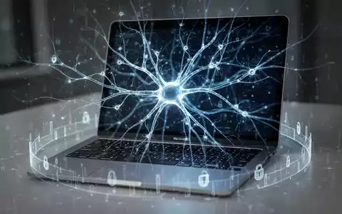 Abstraktes leuchtendes neuronales Netzwerk auf Mac-Laptop-Tastatur projiziert, mit digitaler Barriere, symbolisiert KI-Governance und Sicherheit. - Foto: über boerse-global.de