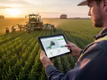 Ein moderner Landwirt nutzt ein Tablet, um autonome Landmaschinen auf einem Feld bei Sonnenaufgang zu überwachen. - Foto: über boerse-global.de