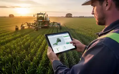 Ein moderner Landwirt nutzt ein Tablet, um autonome Landmaschinen auf einem Feld bei Sonnenaufgang zu überwachen. - Foto: über boerse-global.de