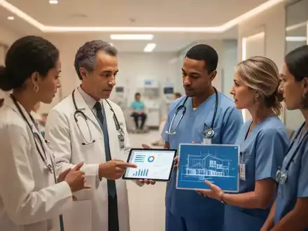 Ärzte und medizinisches Personal besprechen Finanzdaten und Baupläne in einer modernen Gesundheitseinrichtung, die hybride Versorgungsmodelle symbolisiert. - Foto: über boerse-global.de