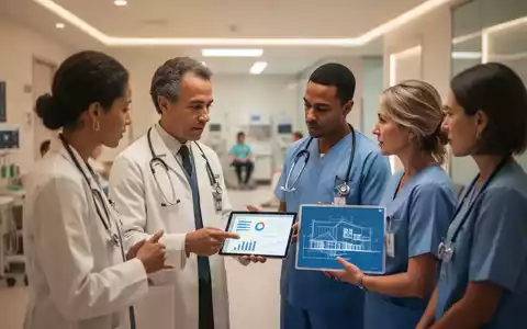 Ärzte und medizinisches Personal besprechen Finanzdaten und Baupläne in einer modernen Gesundheitseinrichtung, die hybride Versorgungsmodelle symbolisiert. - Foto: über boerse-global.de