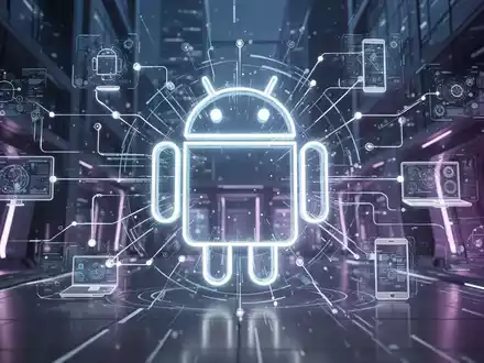 Stilisierte Android-Roboter-Ikone über digitalem Netzwerk, symbolisiert Geräteverwaltung und Unternehmens-Technologie-Updates. - Foto: über boerse-global.de
