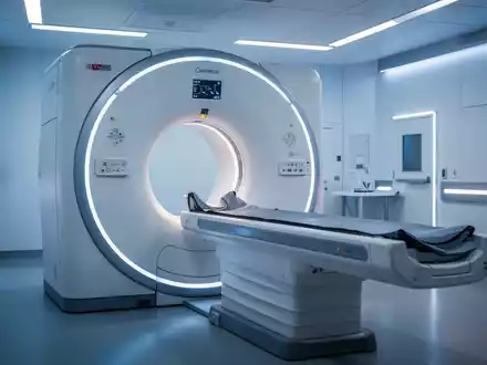 Ein moderner Computertomograph (CT-Scanner) in einem sterilen, hochtechnologischen medizinischen Raum, beleuchtet mit blauem und weißem Licht. - Foto: über boerse-global.de